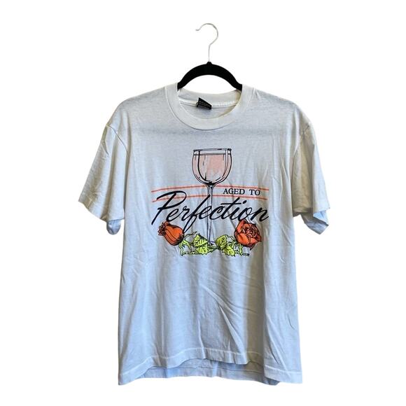 Vintage L white short sleeve t-shirt “Aged to Perfection” wine - Picture 1 of 7